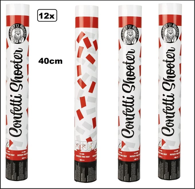 12x Confetti shooter kleuren rood/wit 40cm - papier - Thema feest carnaval landen