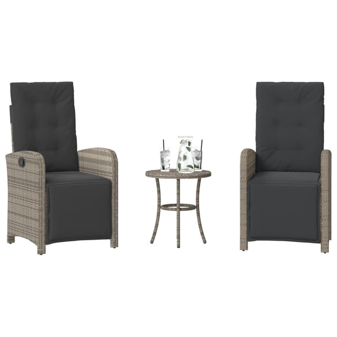 vidaXL - 3-delige - Bistroset - met - kussens - poly - rattan - grijs