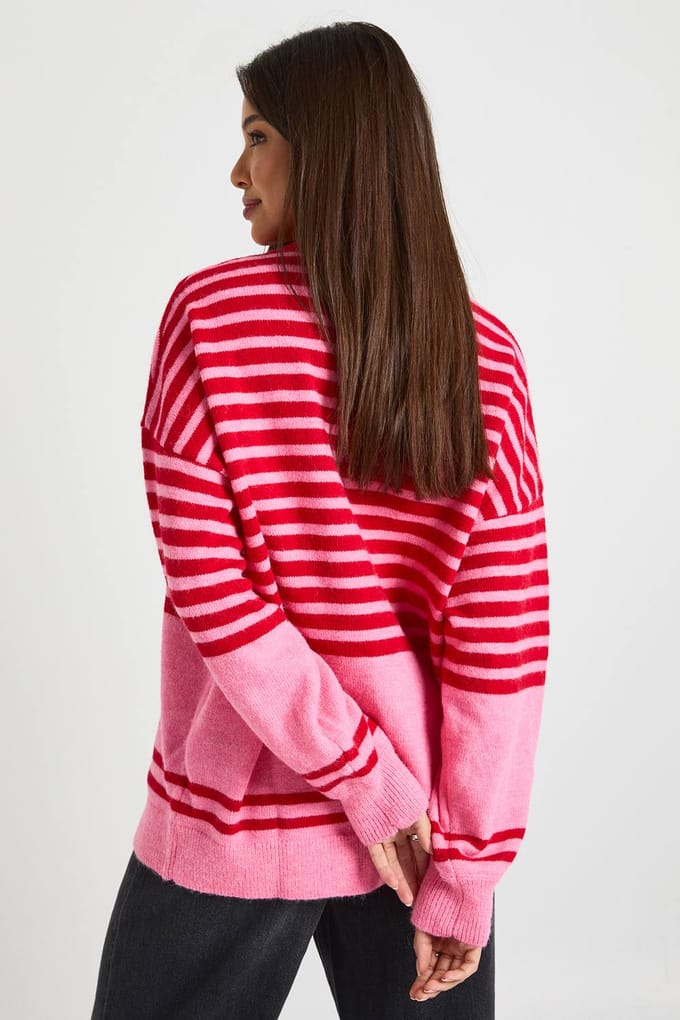 boohoo Dames Mixed Stripe Oversized Trui | Pink | Maat: Small