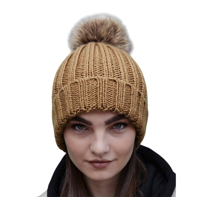 Beechfield Grote imitatie bontmuts Pom Pom (Koekje)