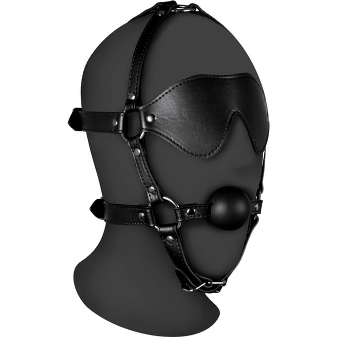 Blindfolded Head Harness met Solid Ball Gag - Zwart