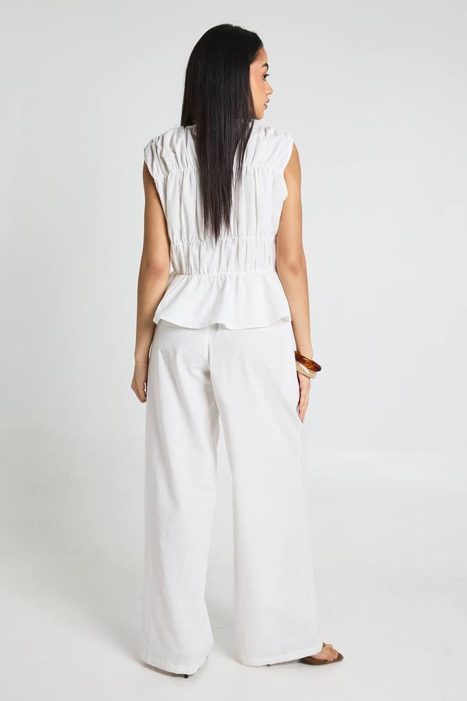 boohoo Dames Linnen-look Top Met Shirring & Wijde Broek Co-ord | Wit | Maat: 34