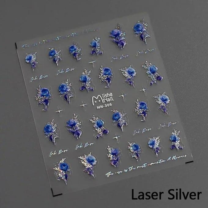 Or argent Rose bleu Rose fleurs 3D auto-adhésif Nail Art décorations autocollants mode bricolage manucure décalcomanies bleu
