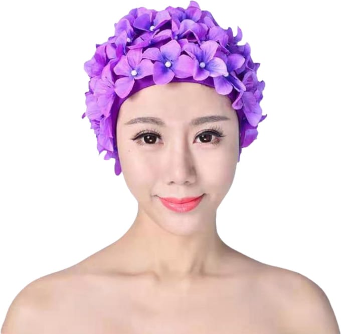 Winkrs | Paarse Bloemetjes Badmuts | Douche accessoire, haarbedekking, douchecap, zwemmen
