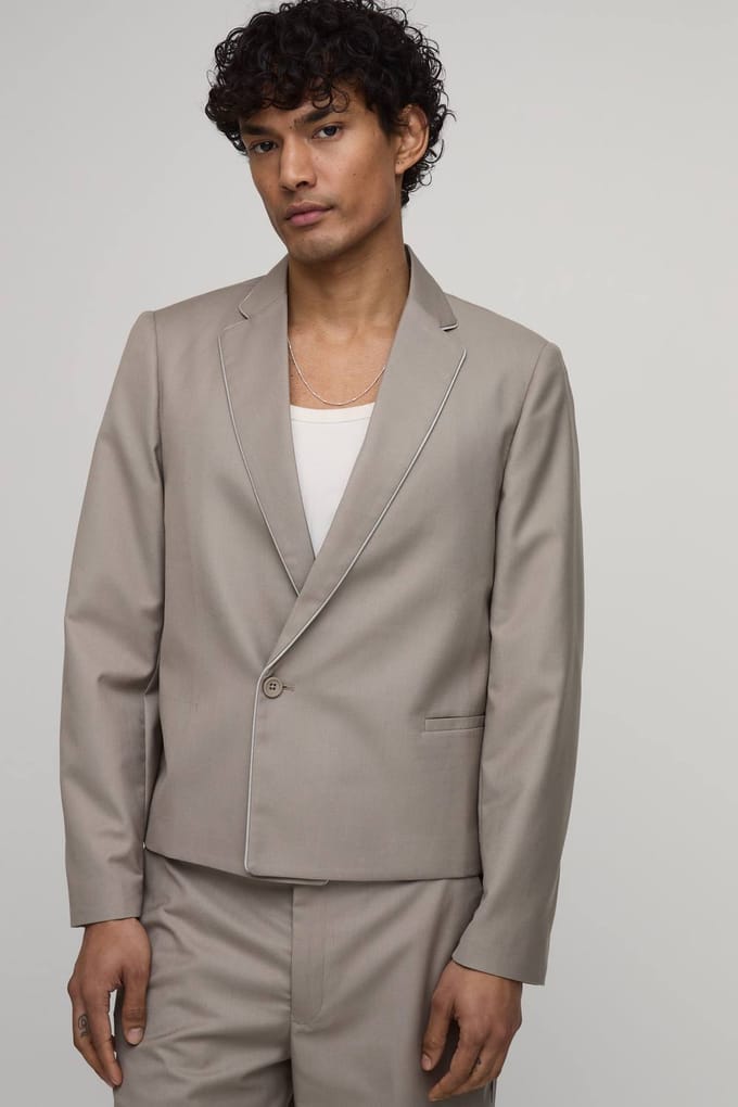 Contrast Piping Trim Cropped Boxy Blazer | Taupe | Size 52