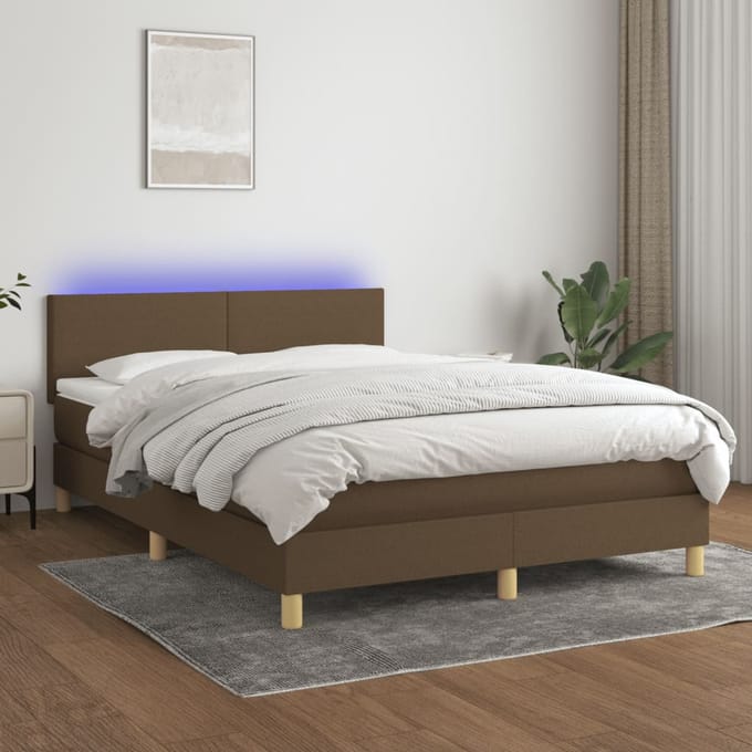 vidaXL - Boxspring - met - matras - en - LED - stof - donkerbruin - 140x200 - cm