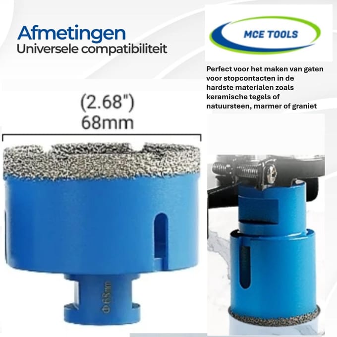 MCETOOLS Diamantboor Ø 68 mm – M14 Aansluiting – Voor Tegels, Glas, Composiet, Marmer & Graniet, Plavuizen – (60 mm Lengte)
