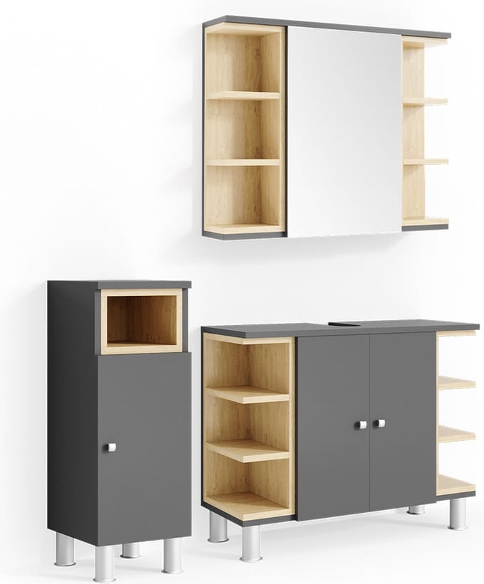 Vicco Badkamermeubel set Aquis, Antraciet, 3-delig