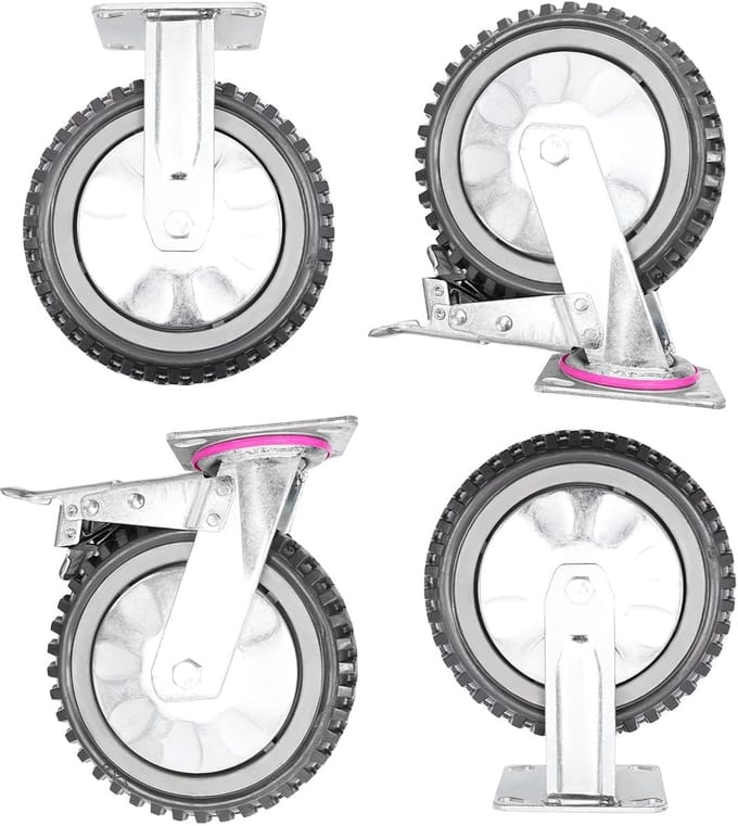 Zware Meubelwielen - Transportwielen Set - Verplaatsen van Objecten - Met Dubbele Remmen - 200 mm Diameter - Grijs