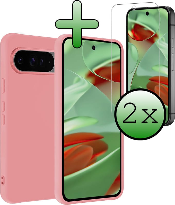 Hoesje Met 2x Screenprotector - Geschikt voor Google Pixel 9 Pro - Sterk & Shockproof - Back Cover - Siliconen Case - Telefoon Hoes - Lichtroze