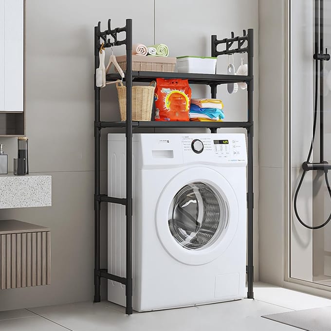 Multifunctional washing machine rack, space-saving storage rack for bathroom, dryer and washing machine, ideal for kitchen, balcony and laundry room