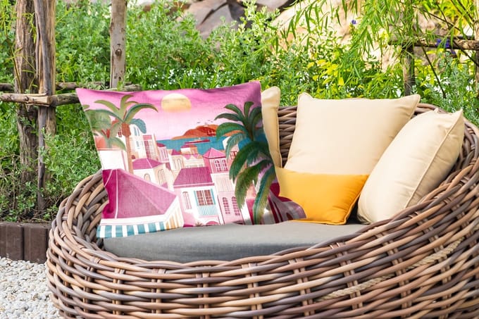 Buitenkussens - Stad - Roze - Palmbomen - 60x40 cm - Weerbestendig