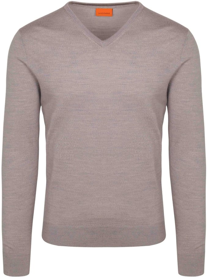 Suitable Merino Pullover V-Hals Greige - Maat XL - Heren