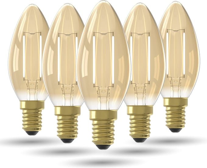 LED Lamp Goud - Set van 5 Stuks, E14, B35 Kaars, Straight filament, 3.5W 250lm 2100K, niet dimbaar