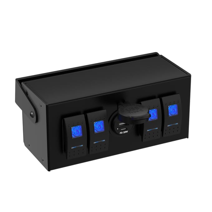Boîtier d'interrupteur à bascule 4 voies avec chargeur USB rapide, interrupteur à lumière bleue, double USB 4,8 A 12-24 V noir