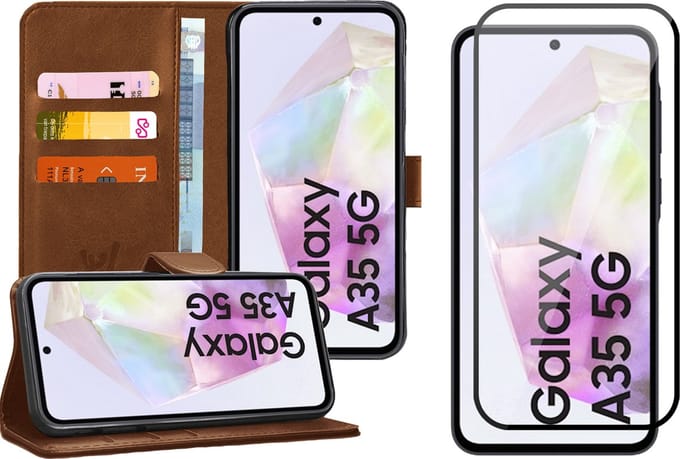 Hoesje geschikt voor Samsung Galaxy A35 - Screenprotector Volledig Dekkend Glas - Portemonnee Book Case Bruin