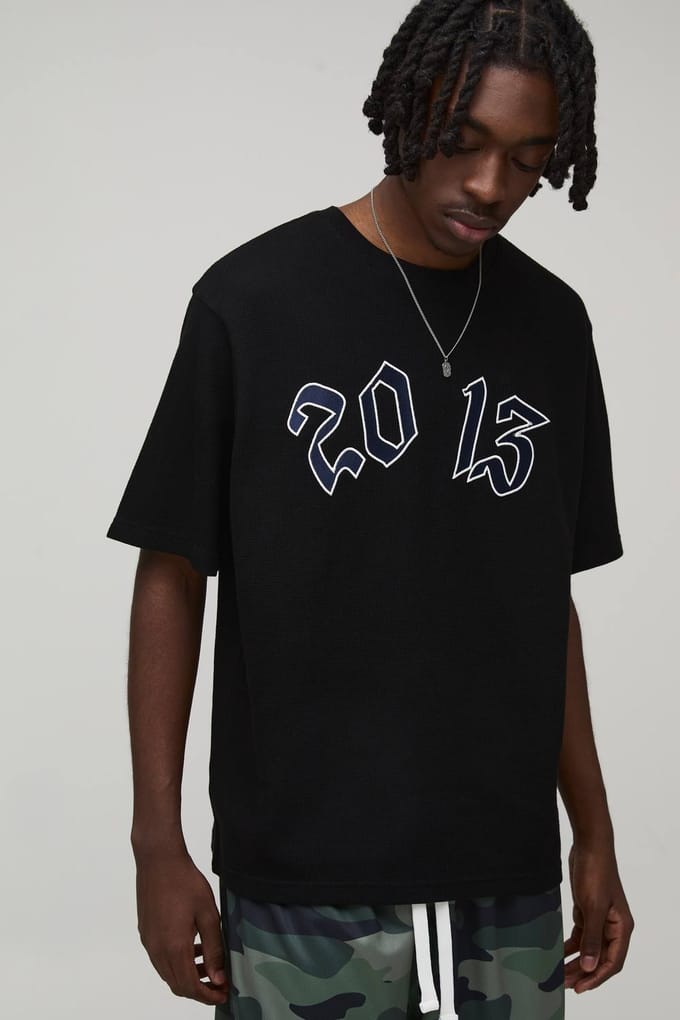 Relaxed Fit Gothic 2013 Embroidered Waffle T-Shirt | Black | Size Small