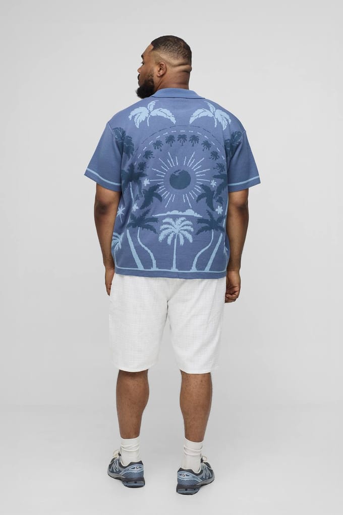Plus Relaxed Palm Scenic Jacquard Gebreide Overhemd | Blue | Size 2XL