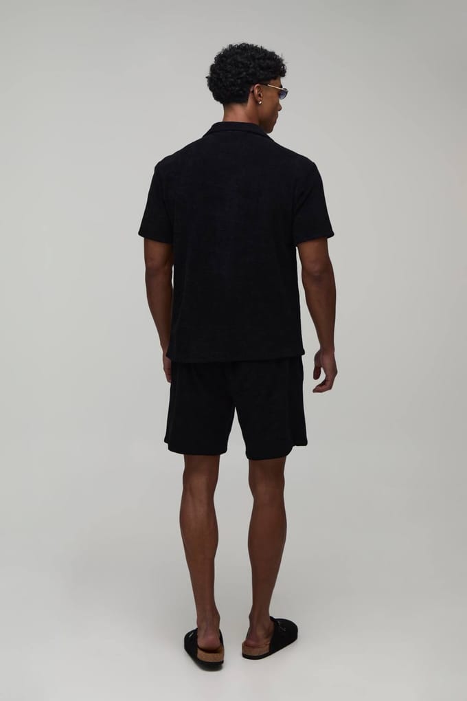 Badstof Regular Fit Overhemdblouse & Relaxed Shorts Set | Black | Size XL