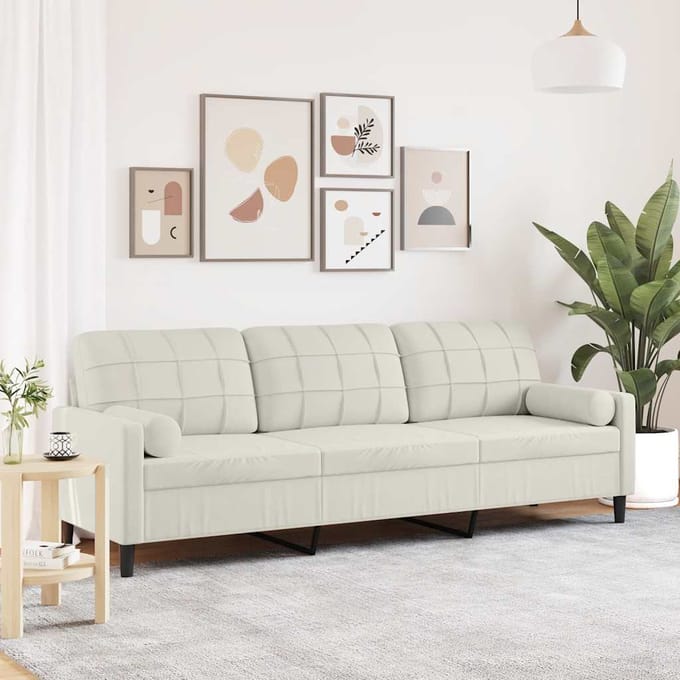 vidaXL - 3-zitsbank - met - sierkussens - 210 - cm - fluweel - crèmekleurig