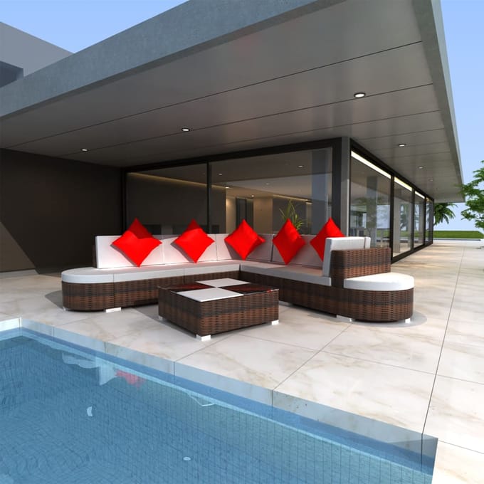 vidaXL - 8-delige - Loungeset - met - kussens - poly - rattan - bruin