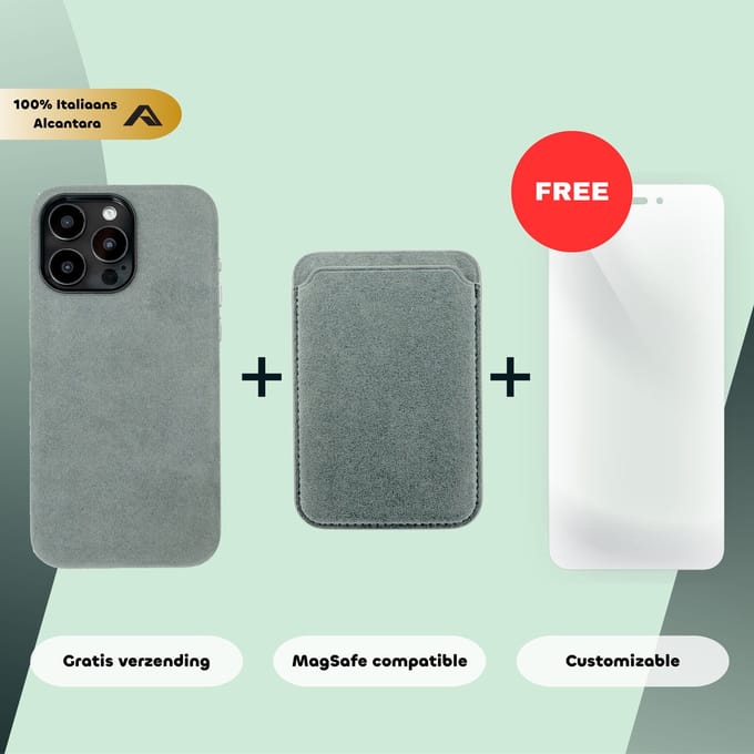 iPhone 15 Pro Max – Alcantara Case + MagSafe Wallet + Gratis Screenprotector | Nardo Grey