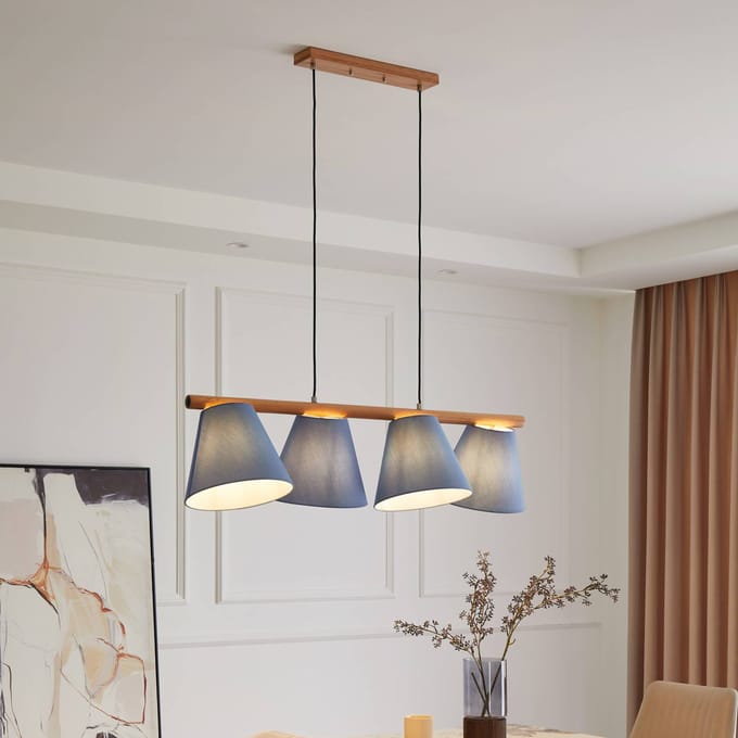 Lucande hanglamp Jinda, blauw, hout, stof, 120 cm, E27