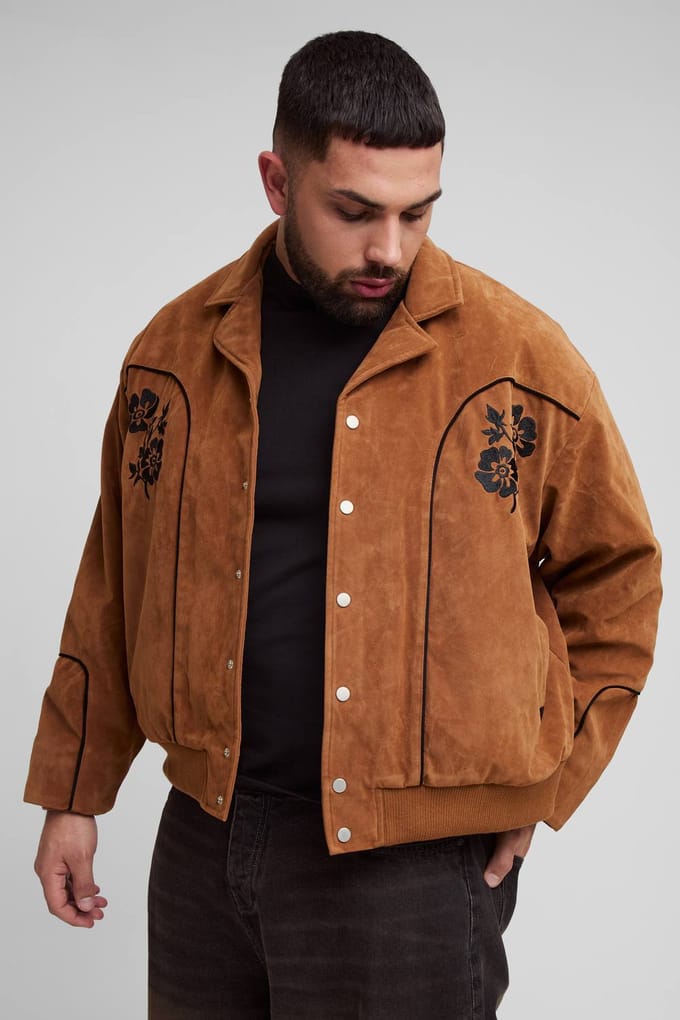 Plus Kunstsuède Geborduurde Oversized Boxy Fit Western Jas | Tan | Size 2XL