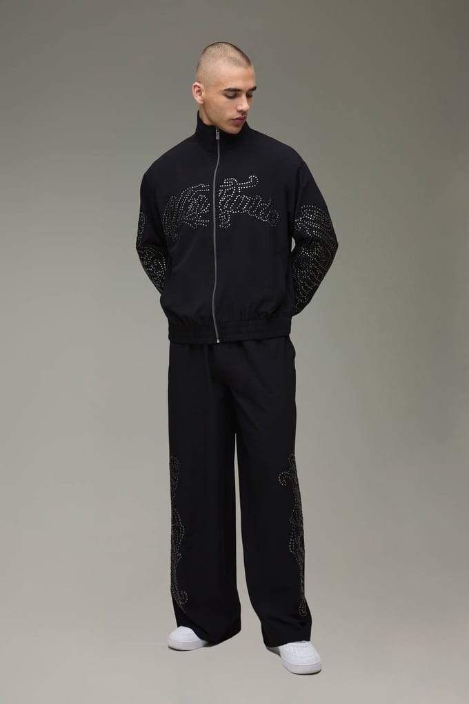 Boxy Fit Funnel Neck Zip Through Woven Tracksuit | Black | Size Medium