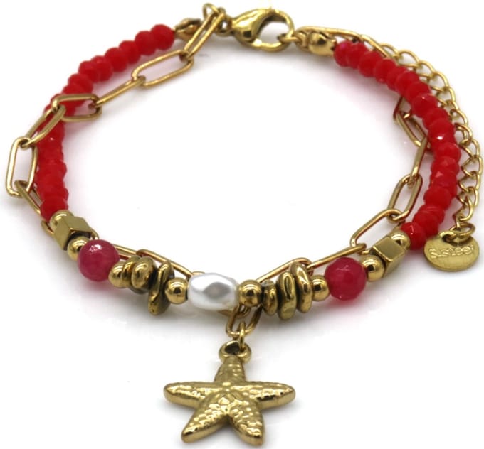 Zomerse Armband Zeester – RVS – Rood – 16-21cm