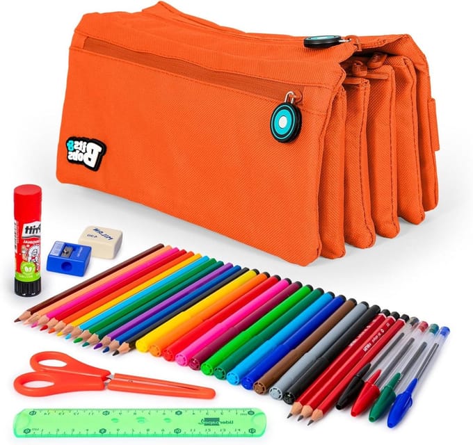 ColePack 20 - Set van Viervoudige Ritssluiting Schoolmap en Schoolbenodigdheden van Topmerken Inclusief (CP20 Koraal)