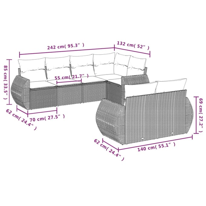 vidaXL - 7-delige - Loungeset - met - kussens - poly - rattan - bruin