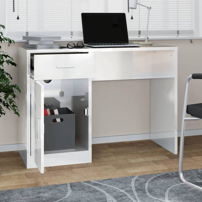 vidaXL - Bureau - met - kast - en - lade - 100x40x73 - cm - bewerkt - hout - hoogglans - wit