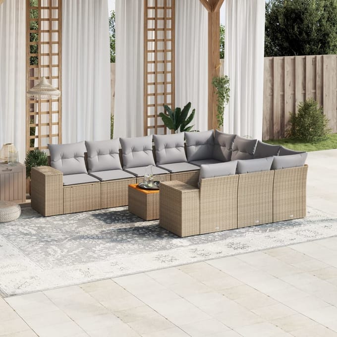 vidaXL - 11-delige - Tuinset - met - kussens - poly - rattan - beige