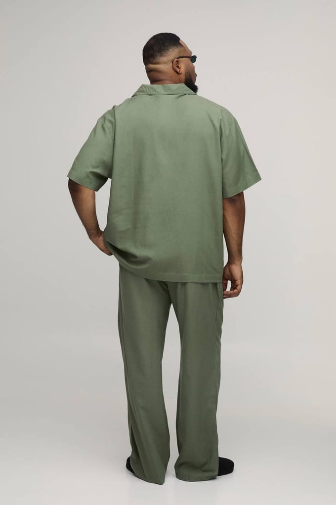 Plus Vakantie Linnen Blend Oversized Shirt & Ontspannen Broek Set | Olive | Size 2XL