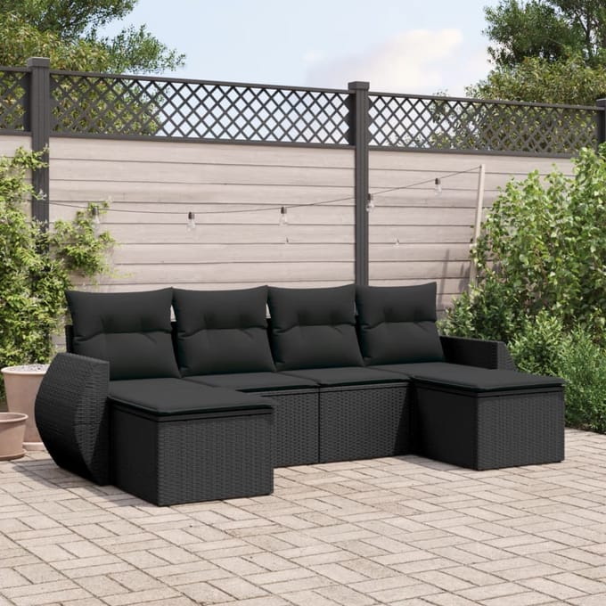 vidaXL - 6-delige - Loungeset - met - kussens - poly - rattan - zwart