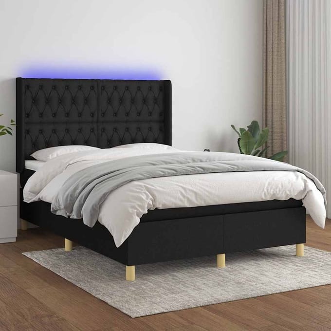 vidaXL - Boxspring - met - matras - en - LED - stof - zwart - 140x190 - cm