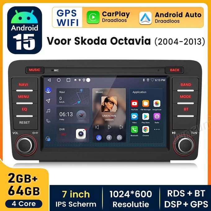 Hexinex Quad-Core Android 15 autoradio Geschikt voor Skoda Octavia 2004-2013 - Draadloos CarPlay, Android Auto, multimediaspeler, 2GB+64GB