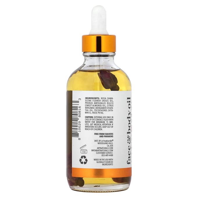 artnaturals, huile pour le visage et le corps, rose + vitamine E, 4 fl oz (118ml) white