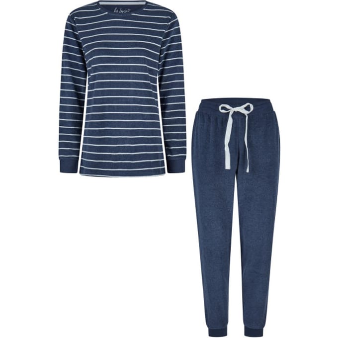 By Louise Dames Winter Pyjama Set Lang Badstof Gestreept Blauw - Maat XL