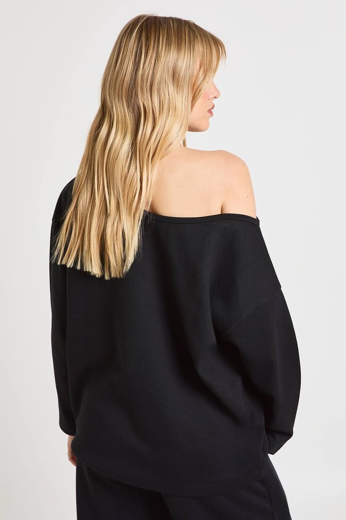 boohoo Dames Petite Interlock Off-shoulder Sweatshirt | Zwart | Maat: Large