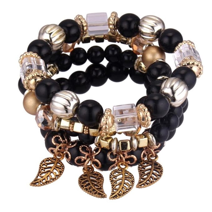 Fako Bijoux® - Armband Set - Boho - Bohemian - Blaadjes - Zwart