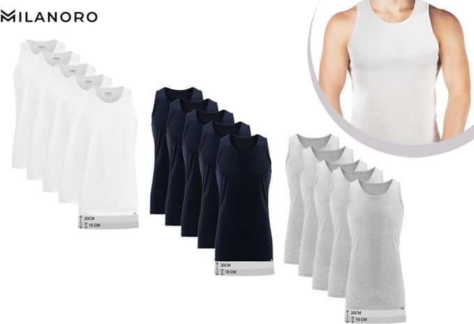 Milanoro - Set van 5 extra lange katoenen ondershirts voor heren - Wit - M