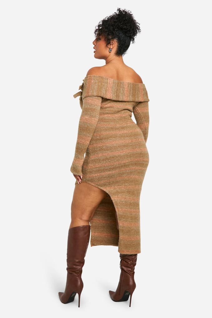 boohoo Dames Plus Bardot Buckle Gebreide Jurk | Stone | Maat: 28