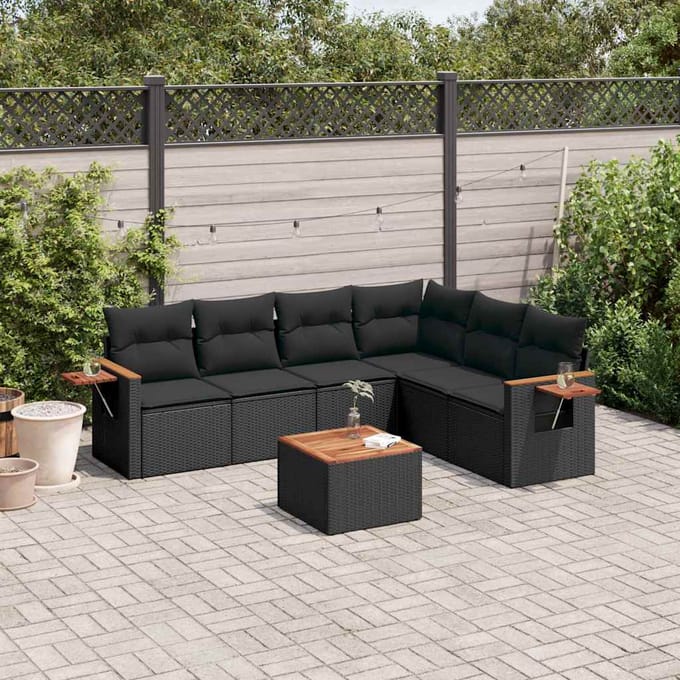 vidaXL - 7-delige - Loungeset - met - kussens - poly - rattan - zwart