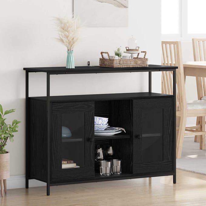 vidaXL - Dressoir - Zwart - Eiken - 100 - x - 35 - x - 80 - cm - Bewerkt - hout