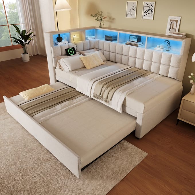MODFU – Gestoffeerd Bed met Uitschuifbed – 90x200 cm – Bluetooth Speaker & LED – Linnenmix – Beige