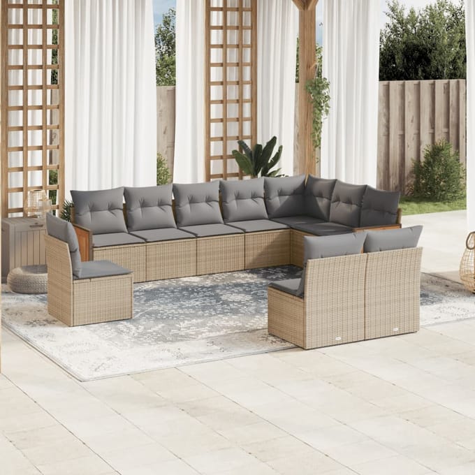 vidaXL - 10-delige - Loungeset - met - kussens - poly - rattan - beige