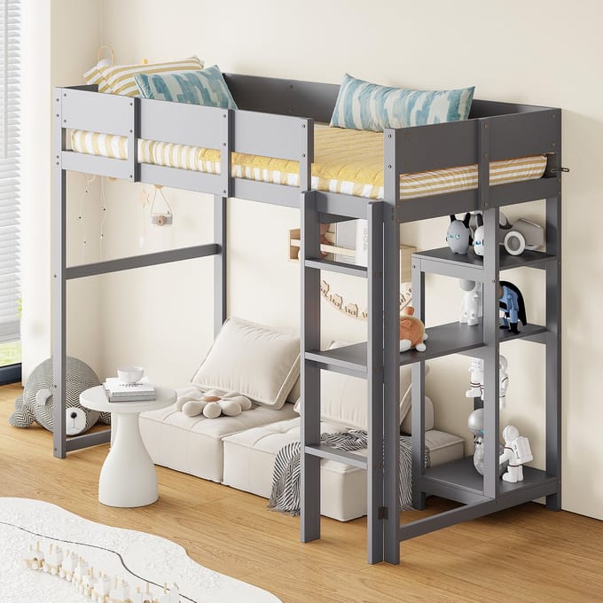Stapelbed - 90 x 200 cm - Massief Houten Bedframe - Lattenbodem - Kinderbed - Grijs