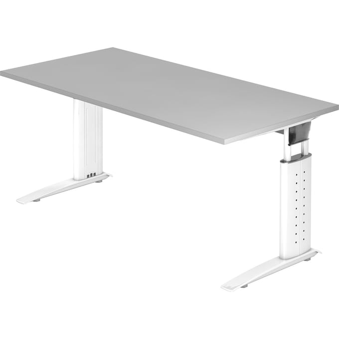 Bureautafel TARVIS, C-poot, vierkant, B 1600 mm, onderstel wit, in hoogte verstelbaar, lichtgrijs